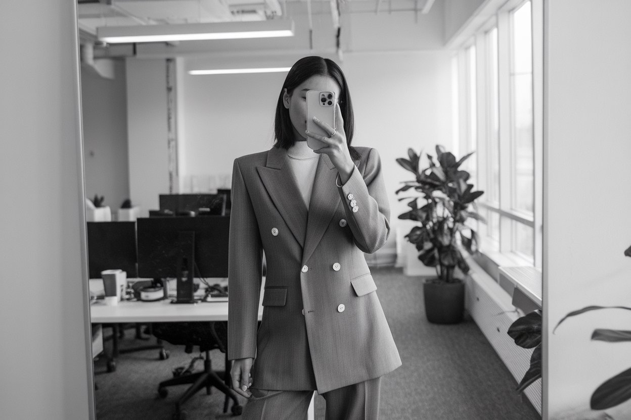 Japanese woman taking a mirror selfie wearing an executive structured blazer outfit with sharp shoulder lines, refined professional setting — women structured blazer office style.