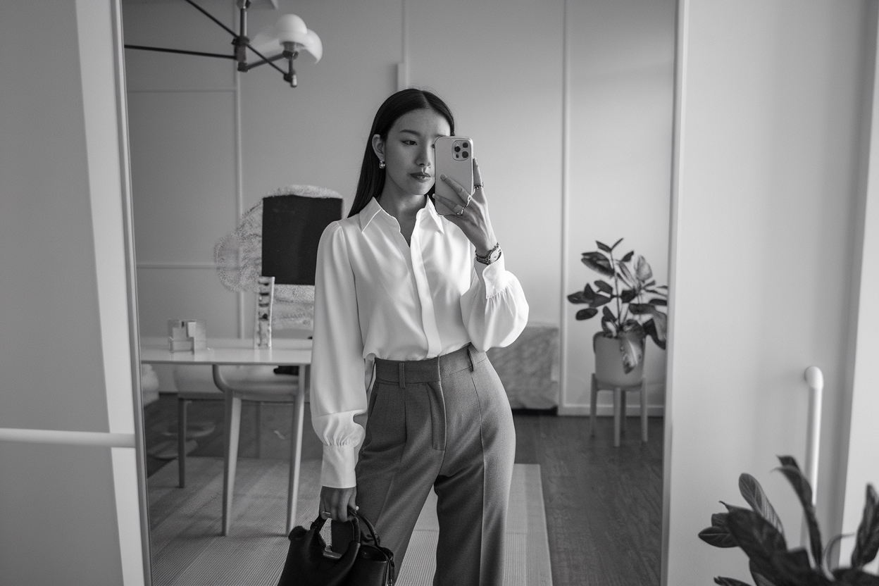 Women Timeless Business Fashion: 5 Classic Office Looks That Never Go Out of Style 2026! 1 Japanese woman taking a mirror selfie wearing an executive timeless office outfit with clean lines, calm professional setting — women timeless business fashion.